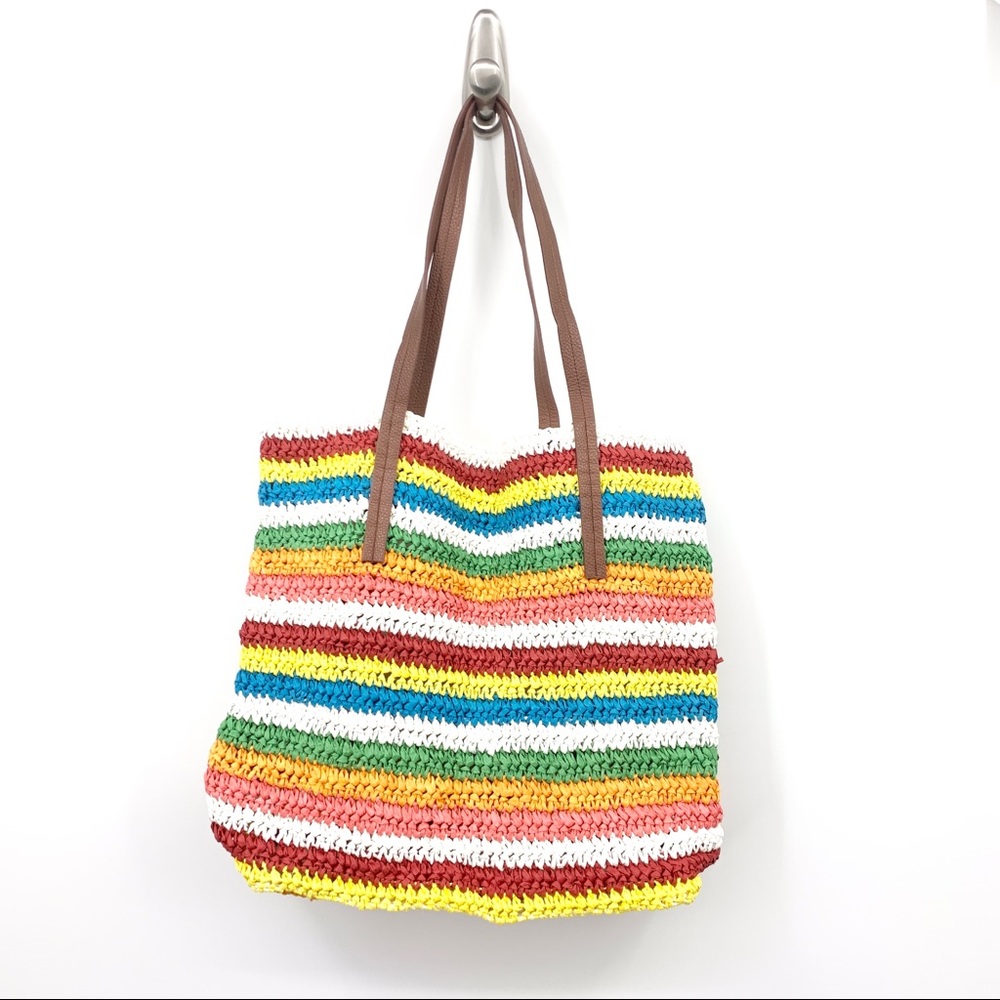 J Crew Large Purse Open Top Tote Woven Straw Bag Beach Rainbow Striped Red